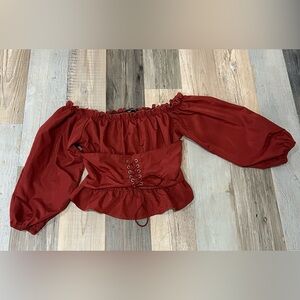 OMONSIM Elegant Red Off-Shoulder Womens Top Sz XL Milk Maid  Chic Puff Sleeve